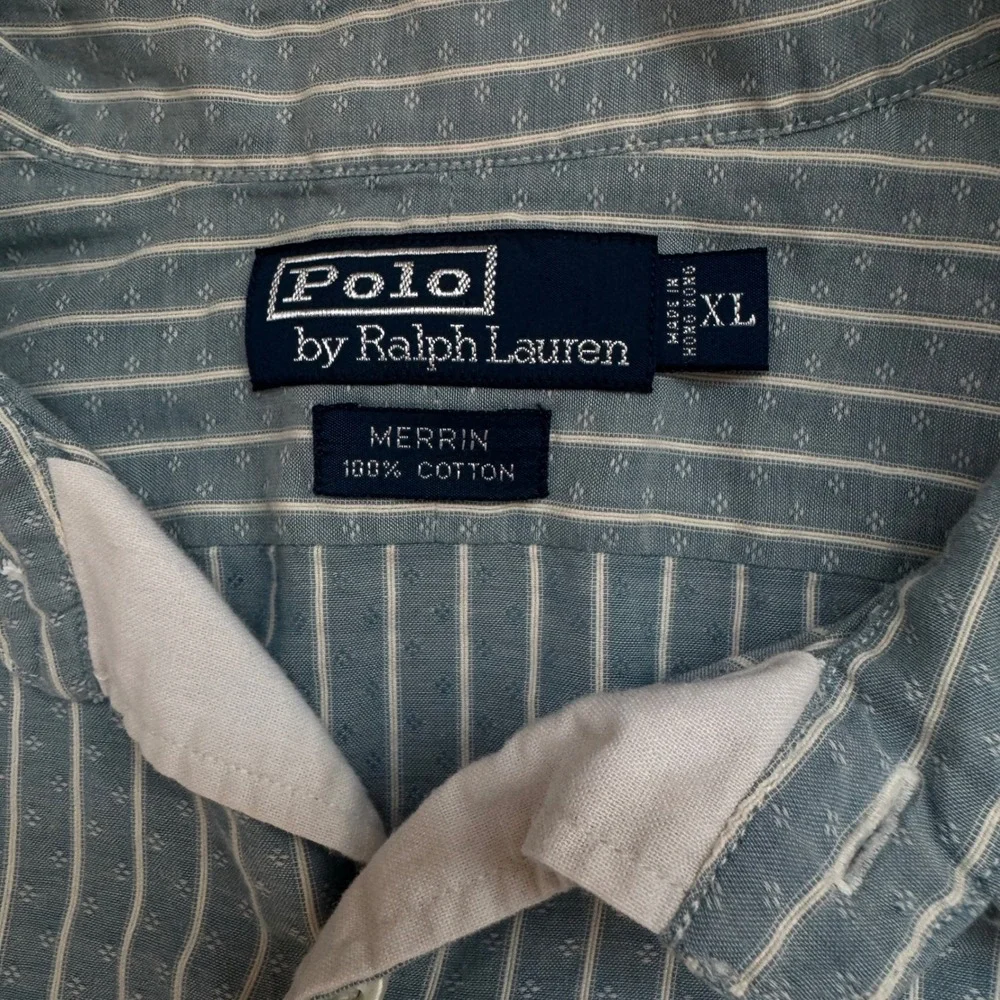 Polo Ralph Lauren Merrin Blue‎ White Striped Dobby Cotton Shirt Mens XL Summer